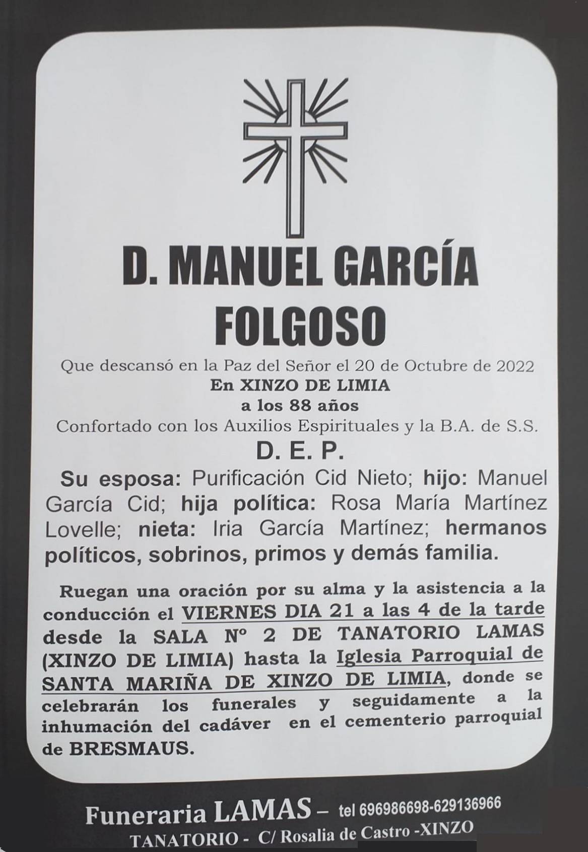 Esquela. Manuel G. Folgoso. 21 out