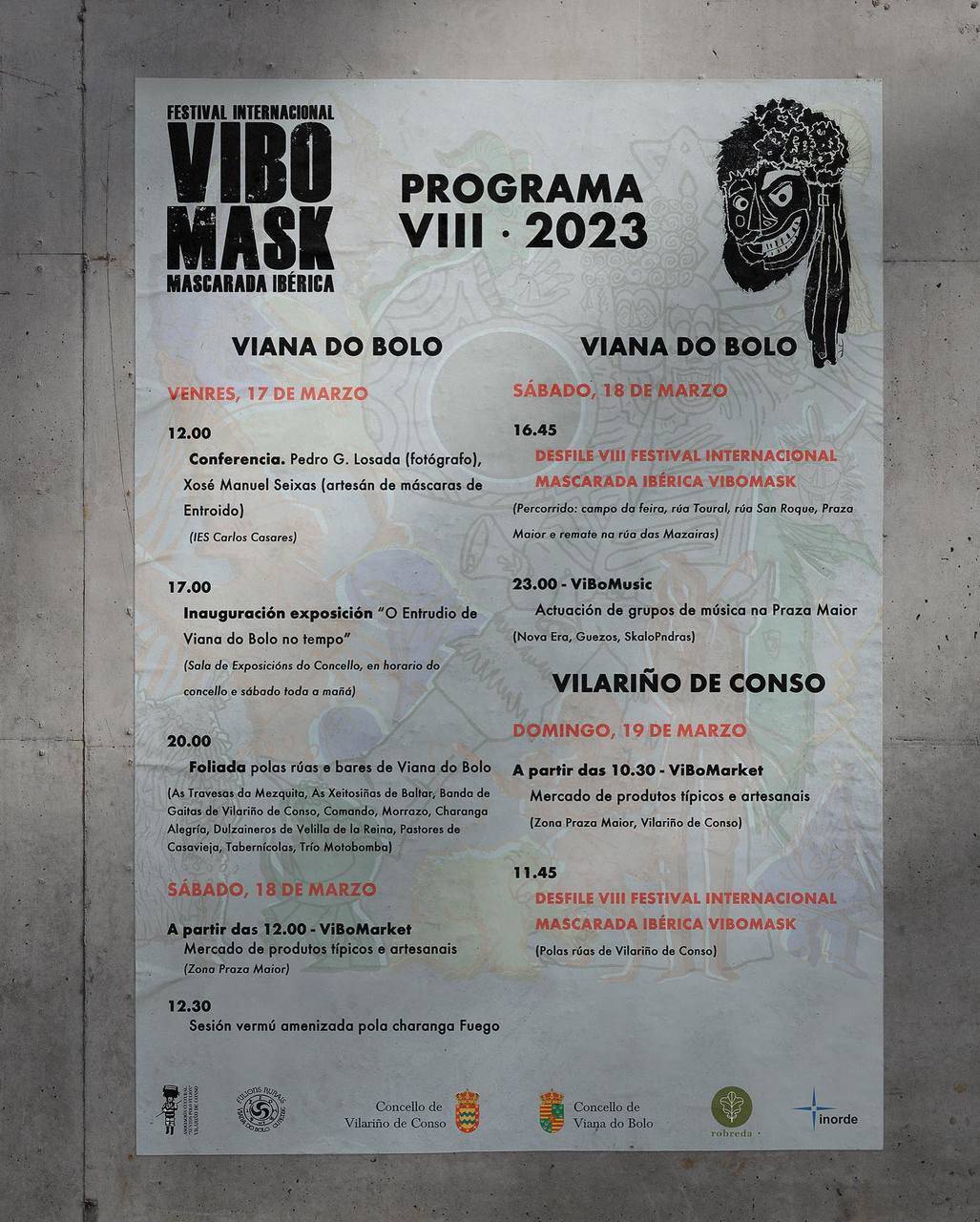 Programación del VIII Festival Internacional ViBoMask Mascarada Ibérica que se celebrará del 17 al 19 de marzo en Viana y Vilariño.