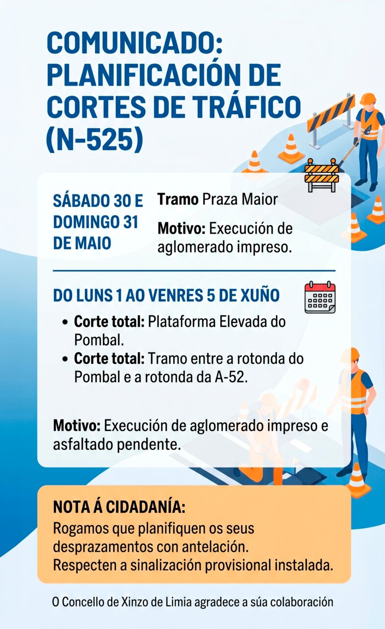 Imaxe difundida polo Concello de Xinzo para anunciar os próximos cortes de tráfico polas obras.