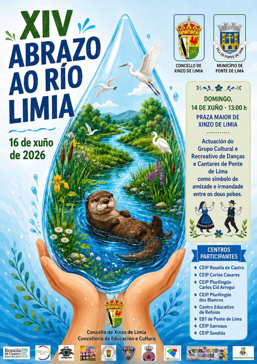 Cartel del XIV Abrazo ao Río Limia, organizado por el Concello de Xinzo de Limia los días 15 y 16 de junio con más de mil escolares de Galicia y Portugal.