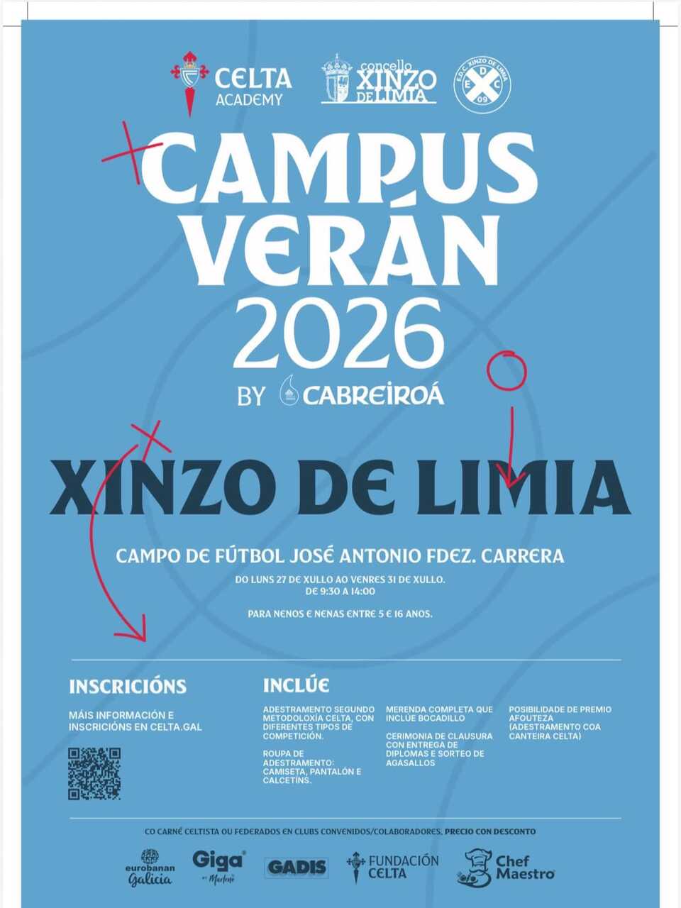 El Campus de Verán del RC Celta regresa a Xinzo de Limia con su metodología de cantera para niños y niñas de 5 a 16 años del 27 al 31 de julio de 2026.