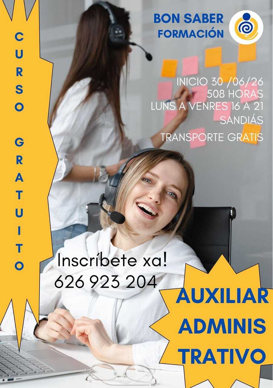 Cartel del curso gratuito de Auxiliar Administrativo de Bon Saber Formación, que arranca el 30 de junio con transporte gratis.