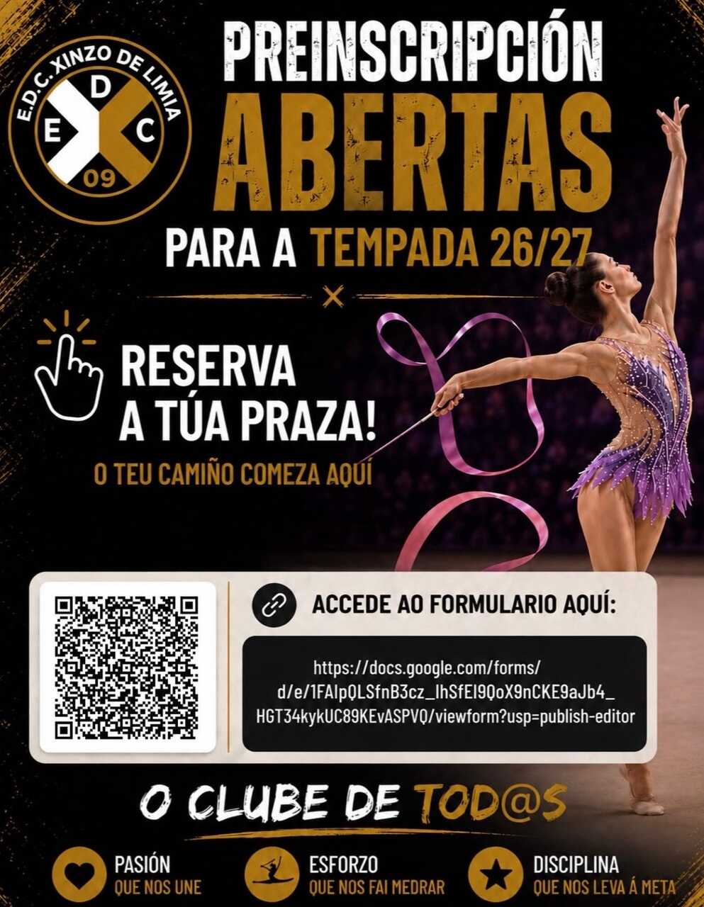 Cartel da preinscrición de ximnasia rítmica da EDC Xinzo de Limia para a tempada 2026/27.